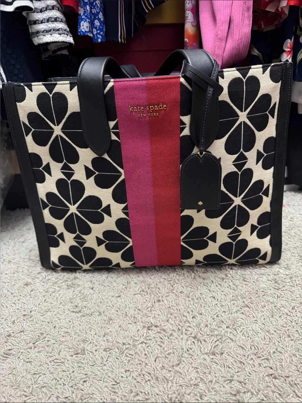 kate spade Black & Pink Stripe Canvas Tote